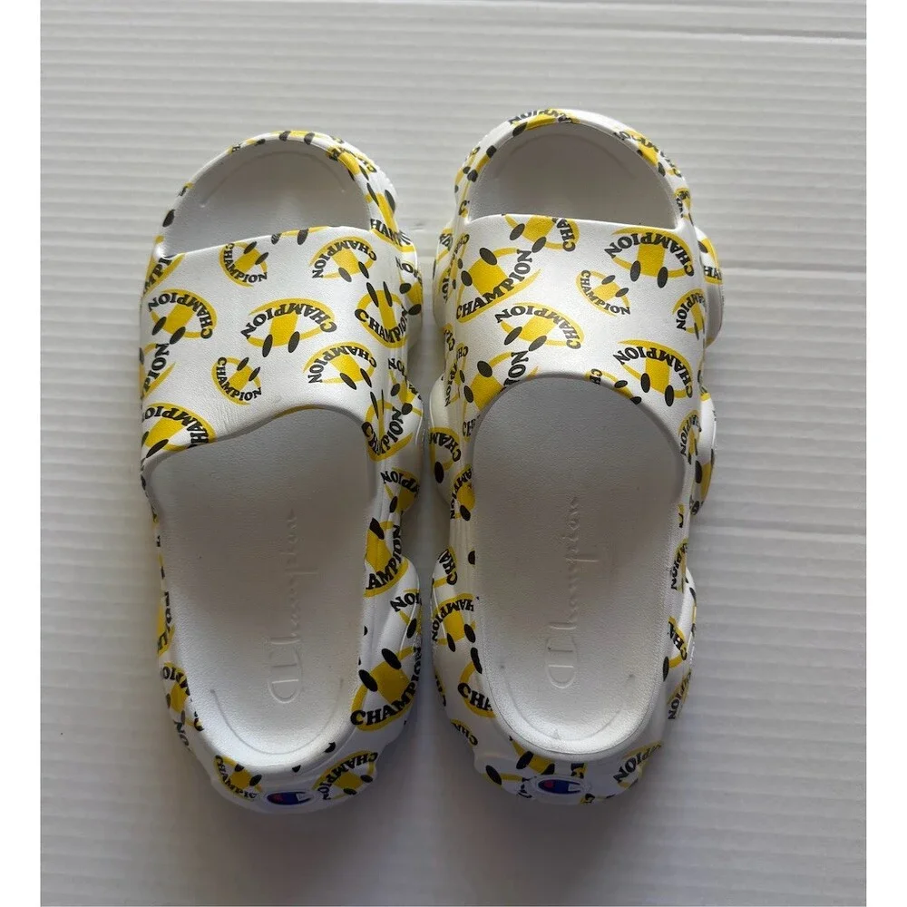 Champion Slide Sandals Unisex Adults White Yellow Smiley Logo Cushioned